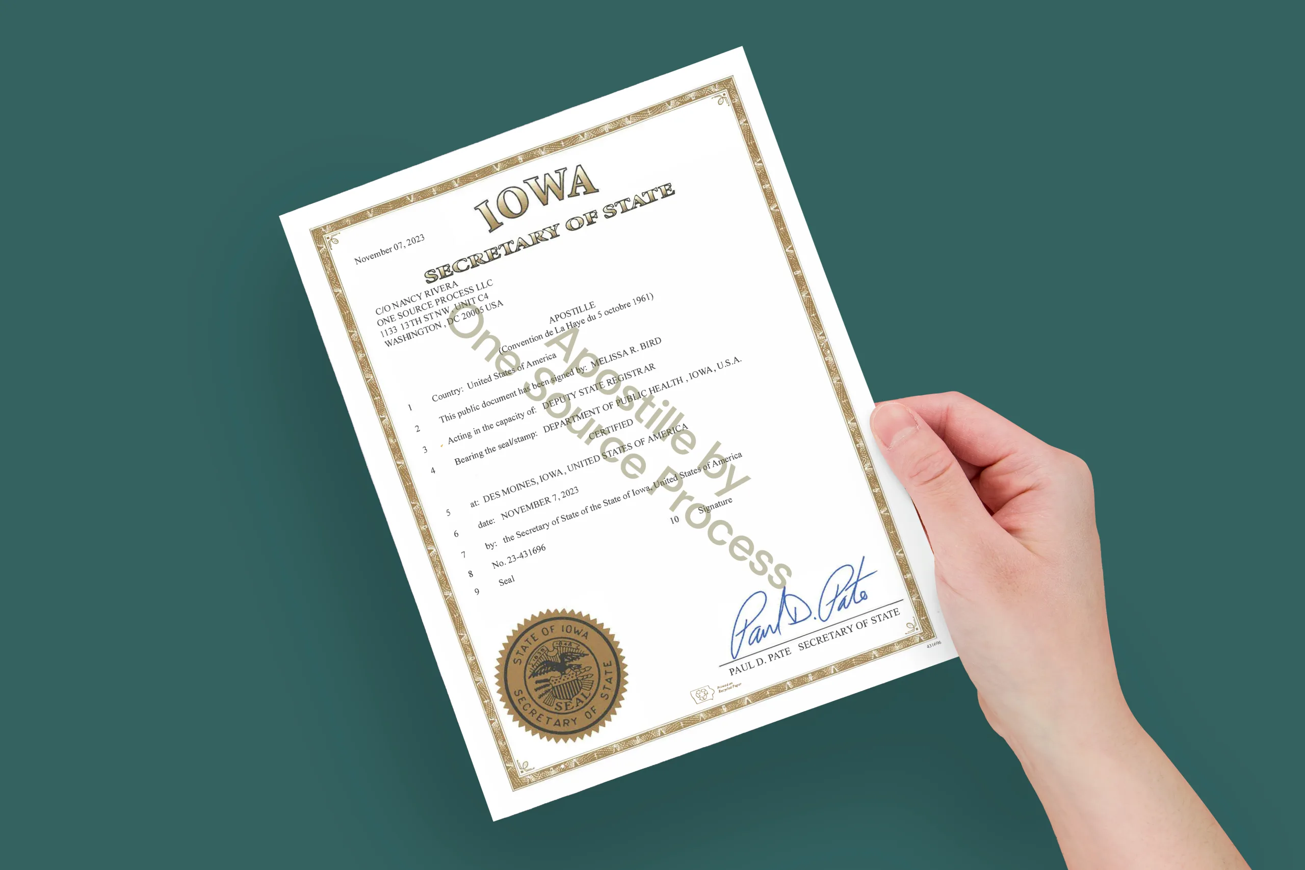 Color copy example of a Iowa apostille cover page.